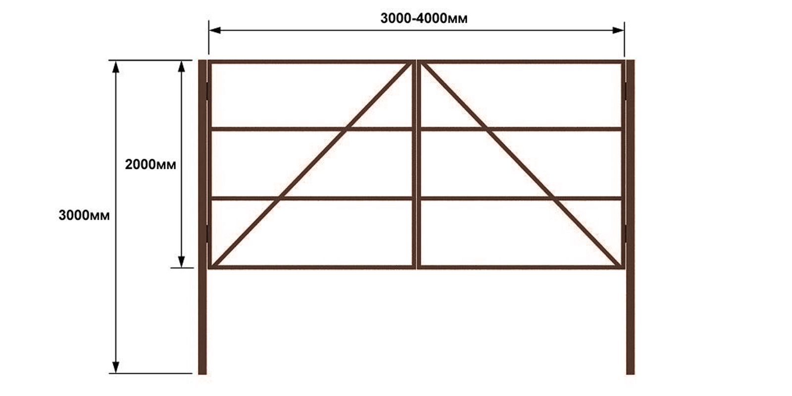 Купить Распашные ворота тип 5, ширина 3,00 м, цвет коричневый